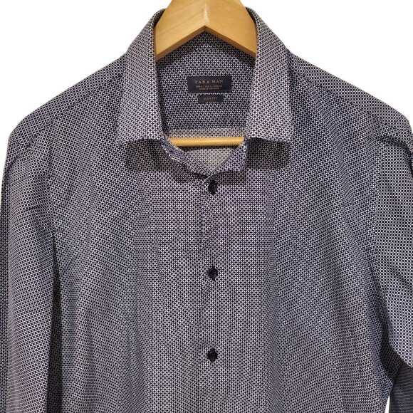 ZARA Shirt Mens Large Slim Fit Long Sleeve Blue Cotton Button Up Geometric Print - Picture 9 of 9